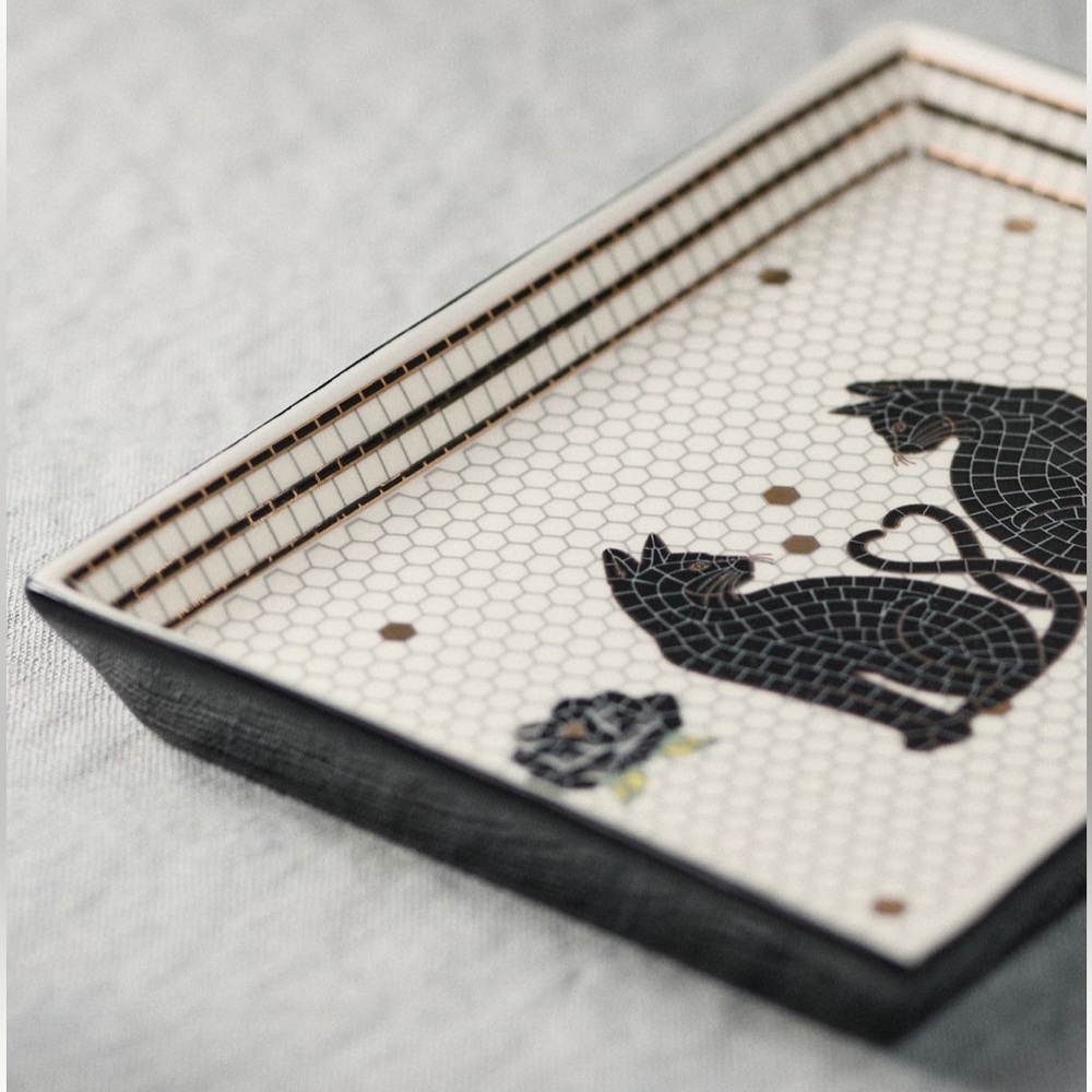 Anthropologie Floral Black Cat Vanity Tray
